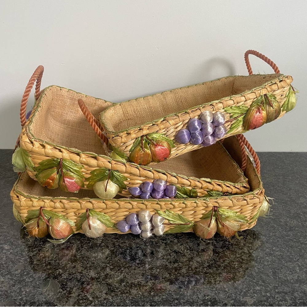 3 Vintage Nesting Baskets Raffia Fruit Casserole Covers